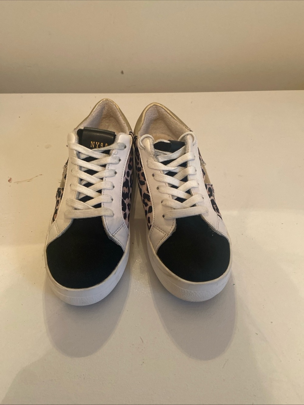 Steve Madden White and Black Leopard-Print Lace-Up Sneakers